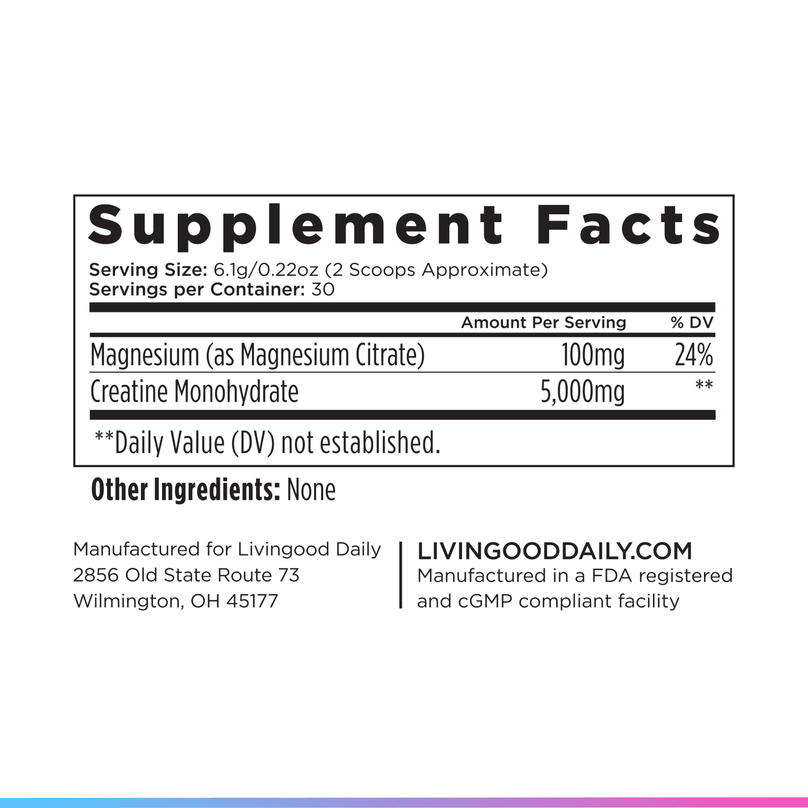 Livingood Daily Creatine + Magnesium Powder, Unflavored | 5g Micronized Creatine Monohydrate with Magnesium for Energy, Muscle Recovery & Performance | 30 Servings
