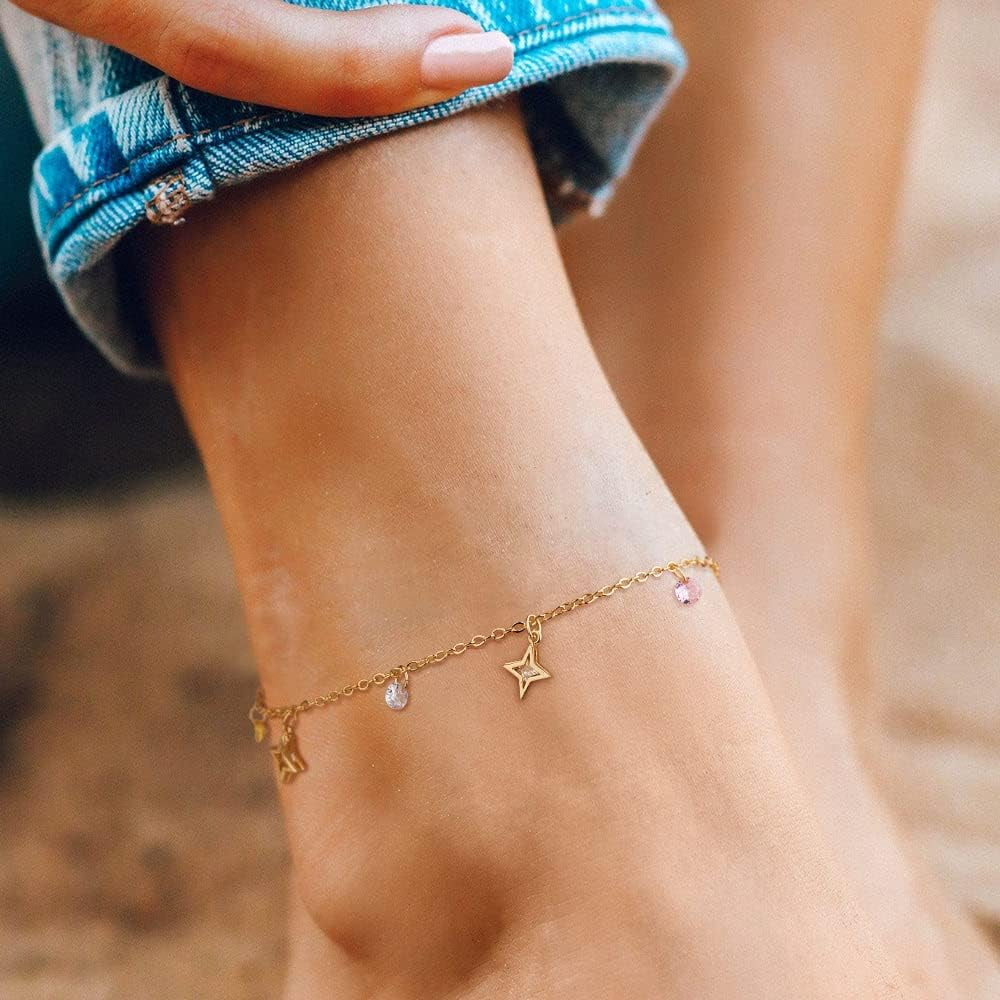 Gold Anklets For Women 14K Gold Plated Tiny Bead Anklet Green Rose Colorful Cubic Zirconia Tassel Foot Chain Dainty Adjustable Cute Anklets Summer Beach Boho Anklets Jewelry[o1309]