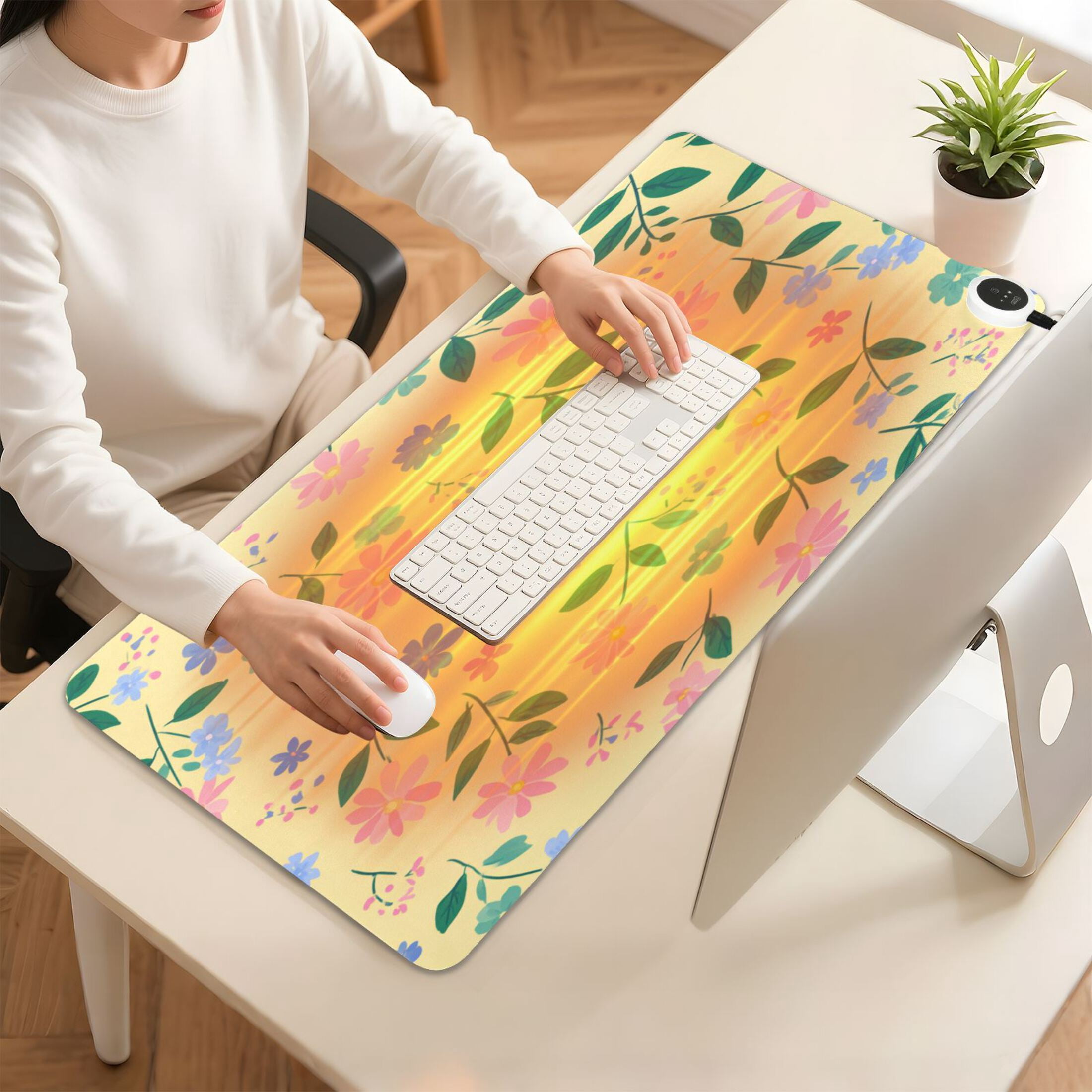 Large Heated Desk Mat Mouse Pad 31.5"x13"PU Leather Graphene Heating Desk Warmer with 3 Temperature Settings 110V US Plug Non-Slip Warm Pad for Home, Office, and Gaming Spring Meadow Floral Print