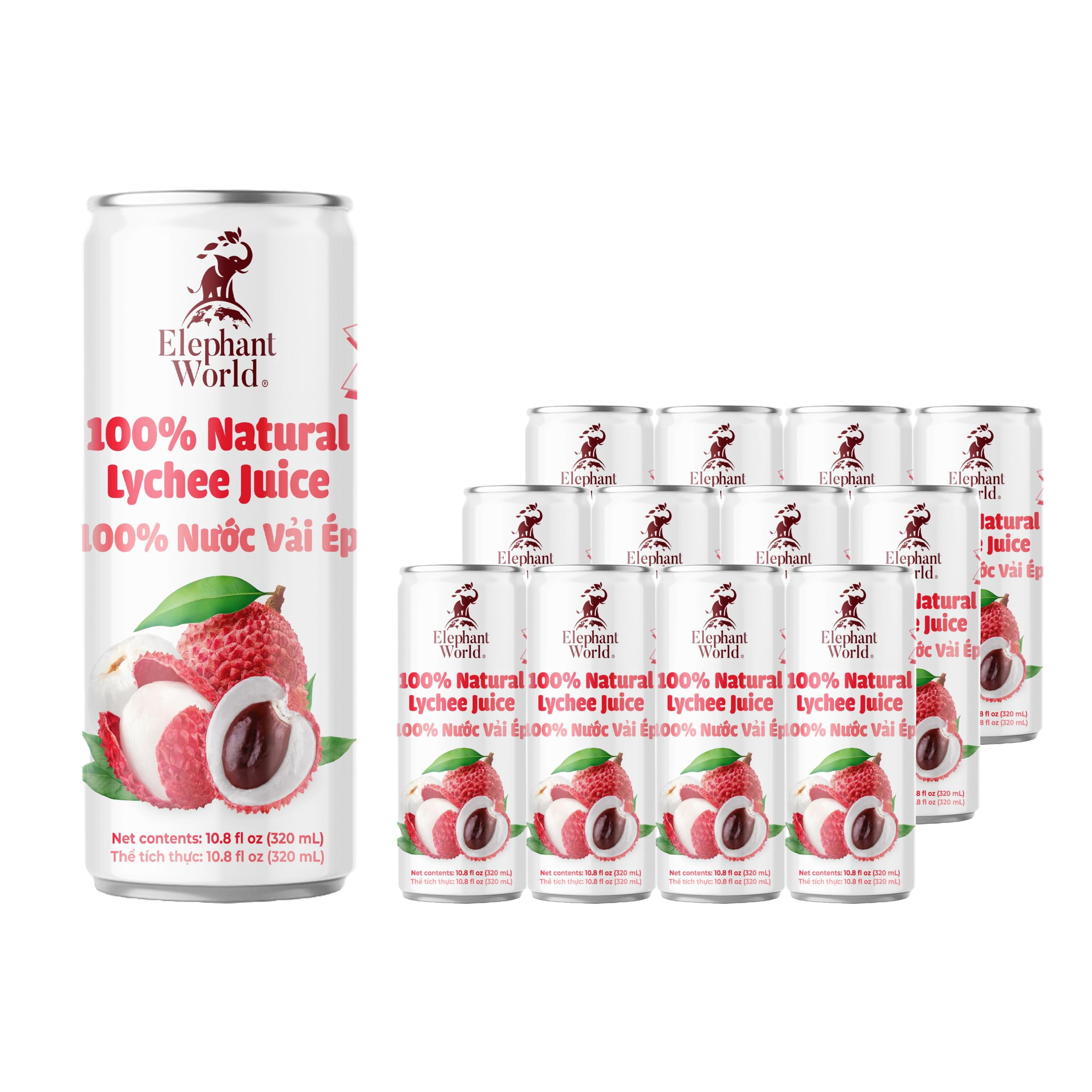 Elephant World 100% Natural Lychee Juice Canned | NON GMO | 10.8 oz (Pack of 12), Lychee