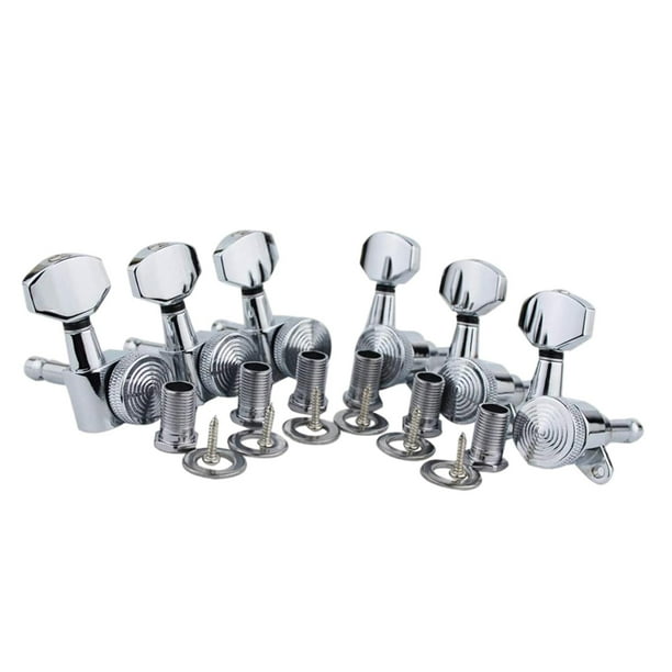 Juego de 6 clavijas de afinación con bloqueo para guitarra 1:18 con tornillo de montaje, orificios para el clavijero de 10 mm y perillas. Plata 6R