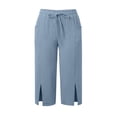 thumbnail image 3 of Yievot Womens Capri Pants Summer Elastic Waist Casual Pants Side Slit Drawstring Beach Capris with Pockets, 3 of 5