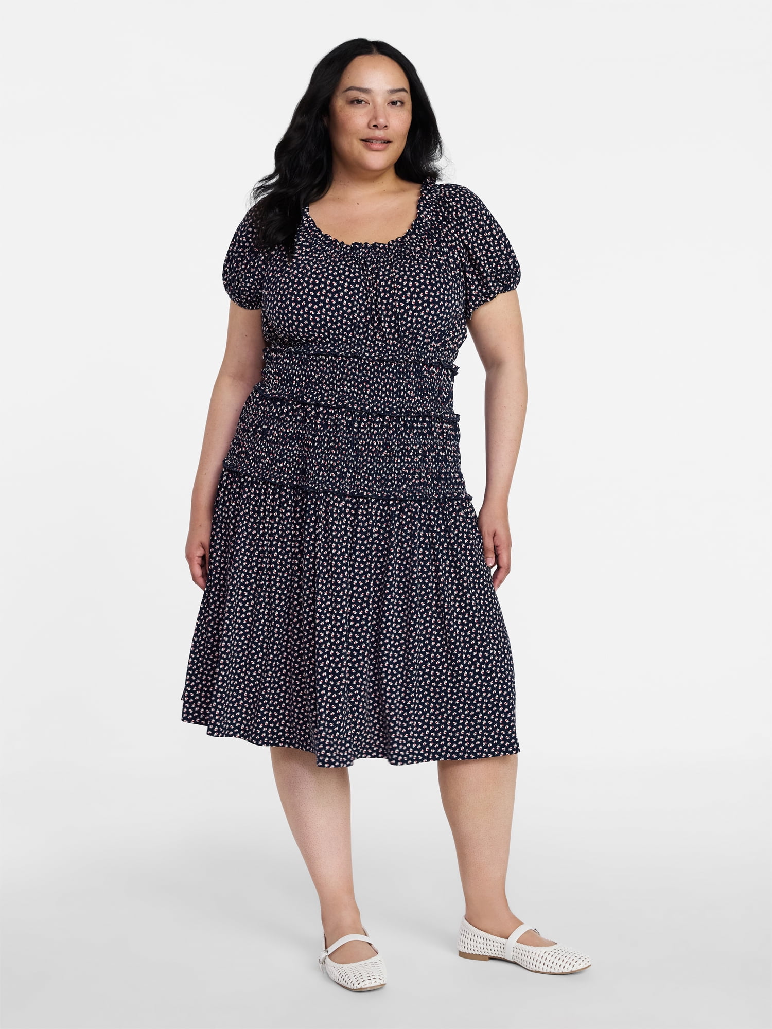 Time and Tru Women's Smocked Midi Dress with Short Puff Sleeves, Sizes XS-XXXL
