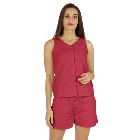 

Bimba Solid Schiffli Top & Short Nightwear Set For Womens Casual 2 pcs Sexy Lounge Sleepwear Set