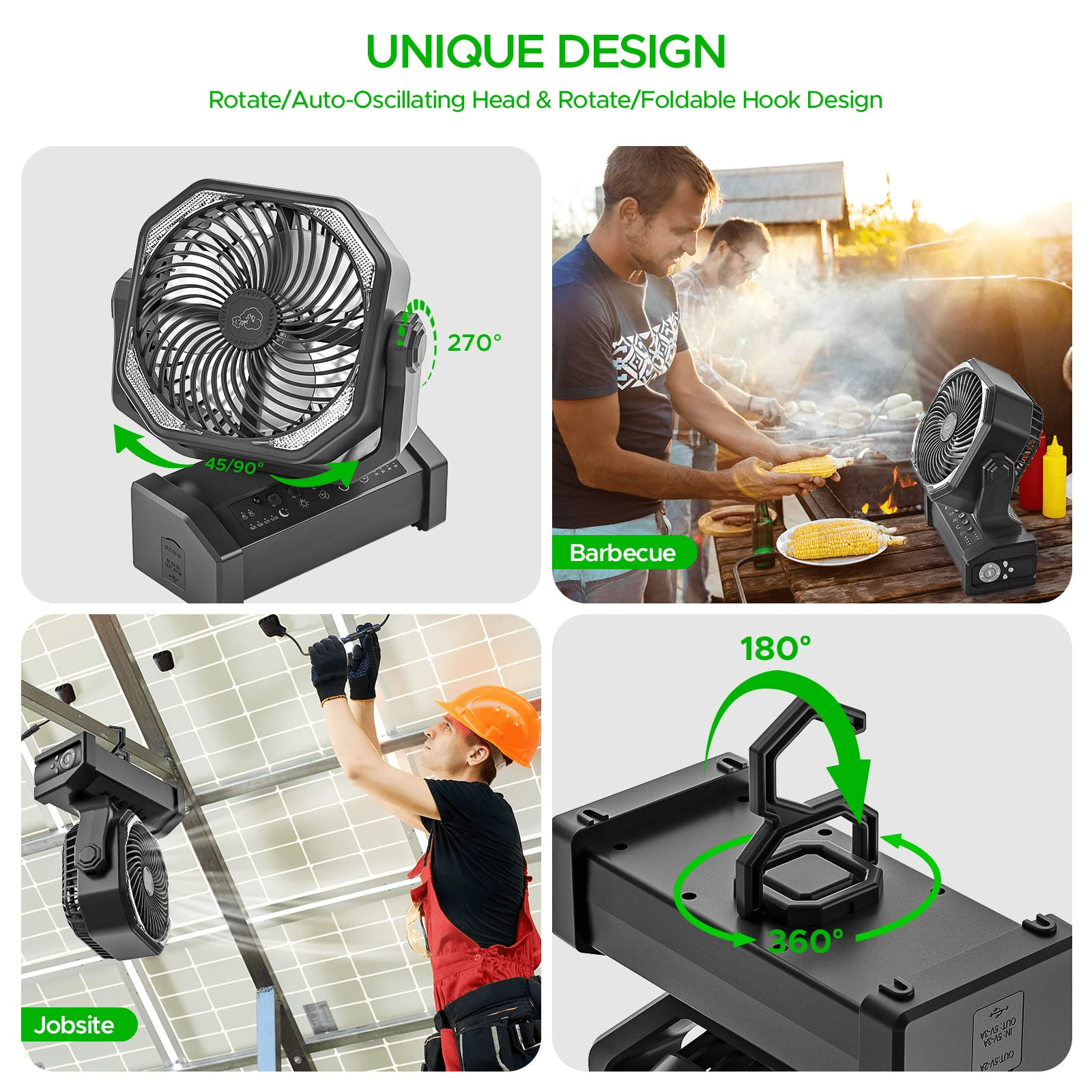 Portable Camping Tent Fan 20000mAh Rechargeable Battery Operated Desk Fan Auto Oscillating with LED Lantern and Remote, Black