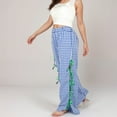thumbnail image 7 of Women's Gingham Wide Leg Pants with Elastic Waistband Contrast Side Ribbon Tie Details - Blue, Large, 7 of 7