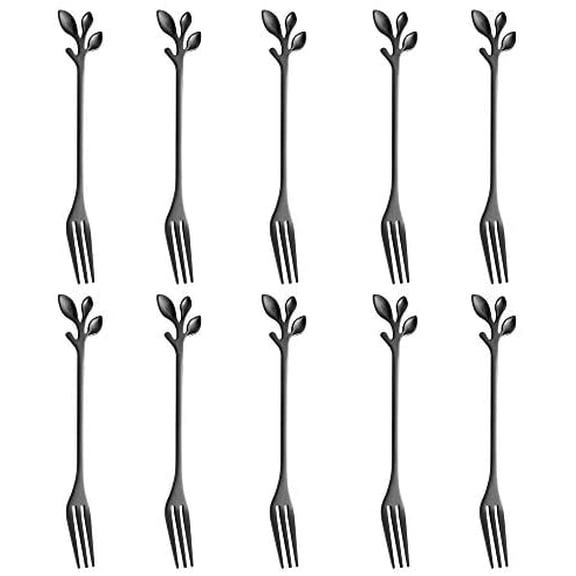 10-Piece Black Mini Leaf Dessert Forks Set - 4.7" Elegant Stainless Steel Fruit, Appetizer, Cake & Salad Forks - Perfect for Cocktail Parties & Home Use