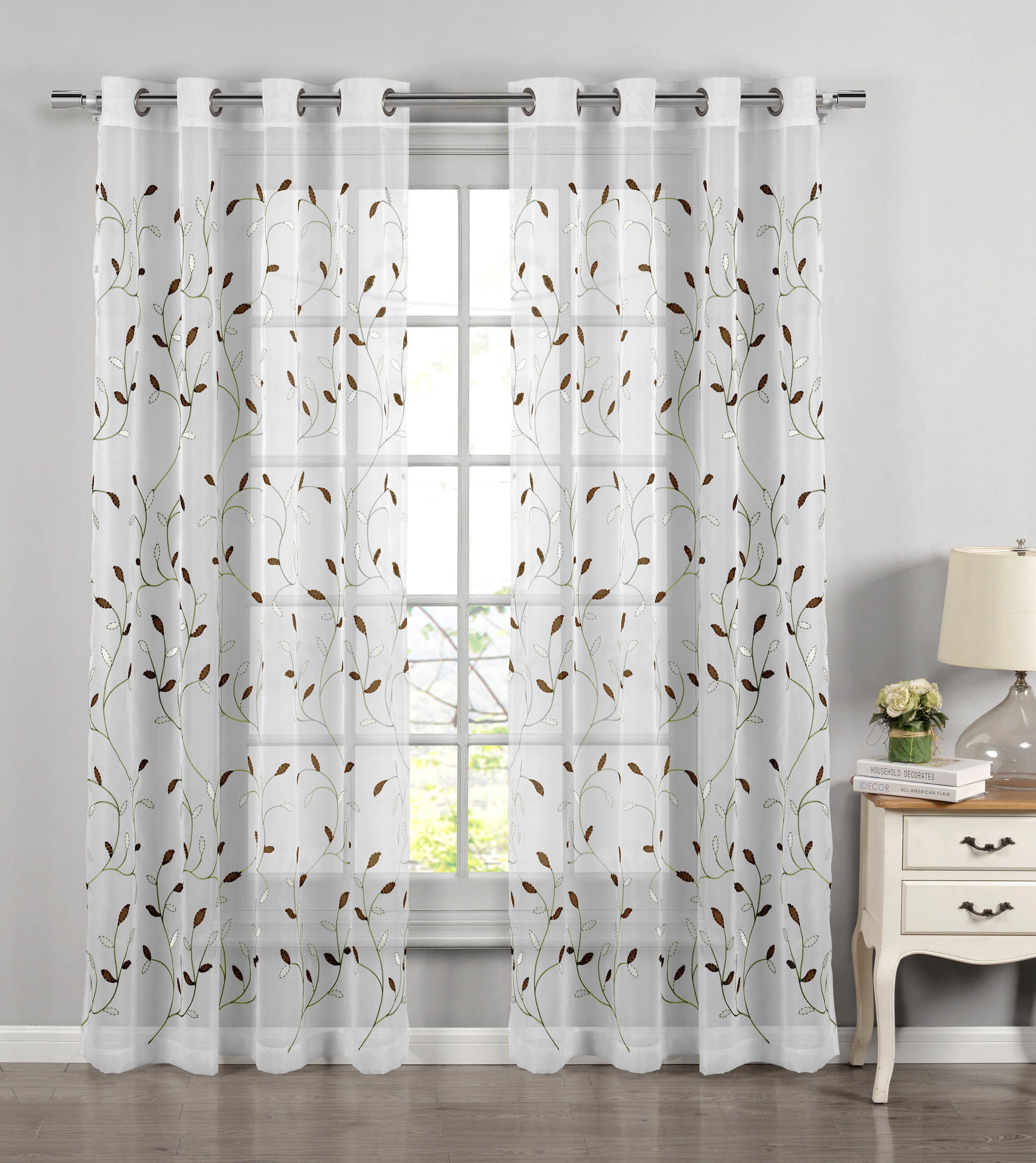 Grommet Curtain Panel, Embroidered Sheer Extra-Wide, Brown 54" x 63"