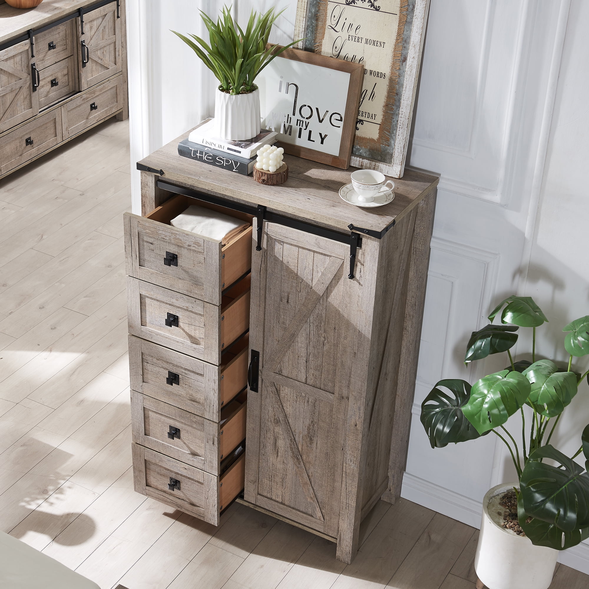 OKD Modern Farmhouse 5-Drawer Dresser with Barn Door, Adjustable Storage Cabinet for Bedroom Living Room, Light Rustic Oak