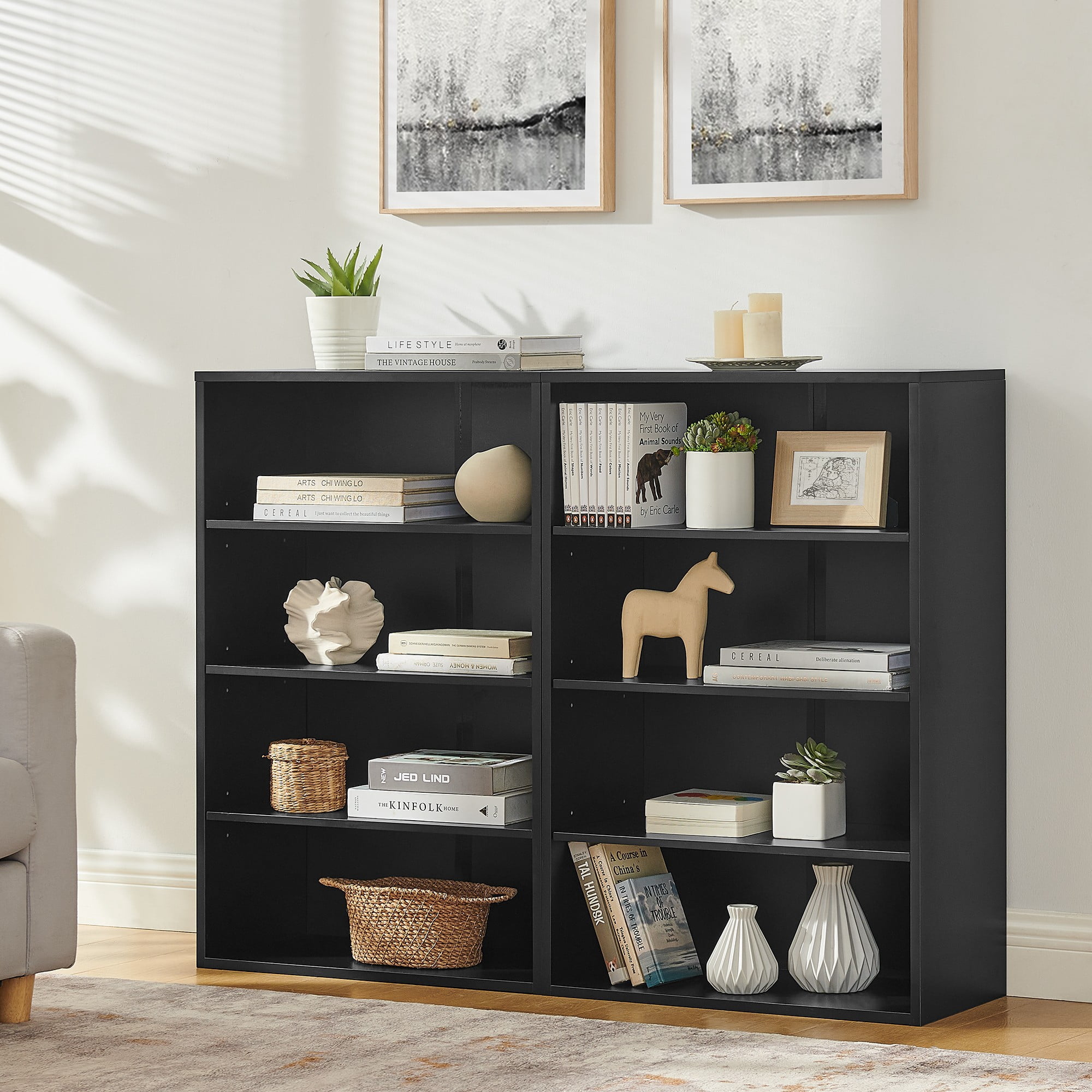 8-Tier Bookcase with Adjustable Shelves,Multi-Functional Double-layer Bookcas,Disassembled Two 4-layer Storage Bookcases for Home Office Living Room,Black