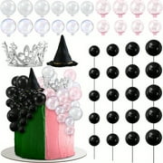42PCS Witch Theme Cake Decorations, Black Witch Hat Cake Toppers, Silver Crown Cake Topper, Black And Pink Balloons, Mini Crown Cupcake Toppers, Fantasy Birthday Halloween Party Decor