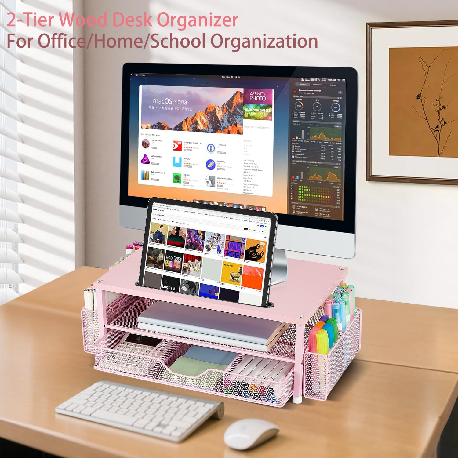 Wood Desk Organizers and Accessories, 2-Tier Computer Monitor Stand with Drawer, Pen Storage & Tablet Phone Holder, Office Desk Accessories, Workspace Desktop Organization for Office Supplies（Brown）