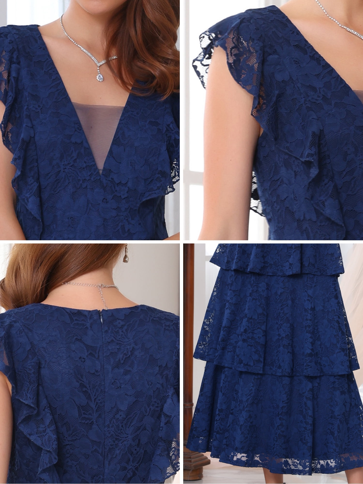 DARING DIVA Women's Wedding Guest Cocktail Ruffle Cap Sleeves Dress S Blue