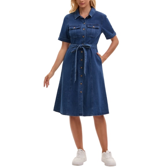 INSPIRE CHIC Women's Denim Dress Button Down Short Sleeve Belted Casual Jean Shirt Dresses M Dark Blue