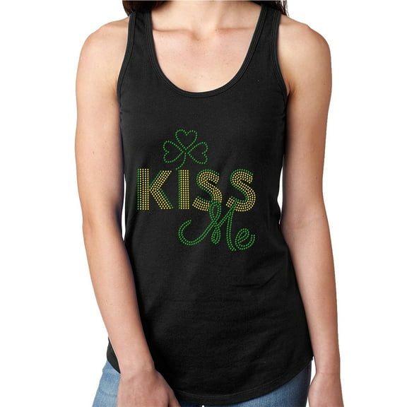 Womens T-Shirt Rhinestone Bling Black Tee Kiss Me Ireland I'm Irish Tank Racer Back Large