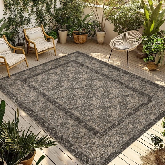 Grey Boho Outdoor Rug for Patio/Deck/Porch, Non-Slip Large Area Rug 6 x 9 Ft, Vintage Ethnic Tribe Abstract Art Floral Indoor Outdoor Rugs Washable Area Rugs, Reversible Camping Rug Carpet Runner