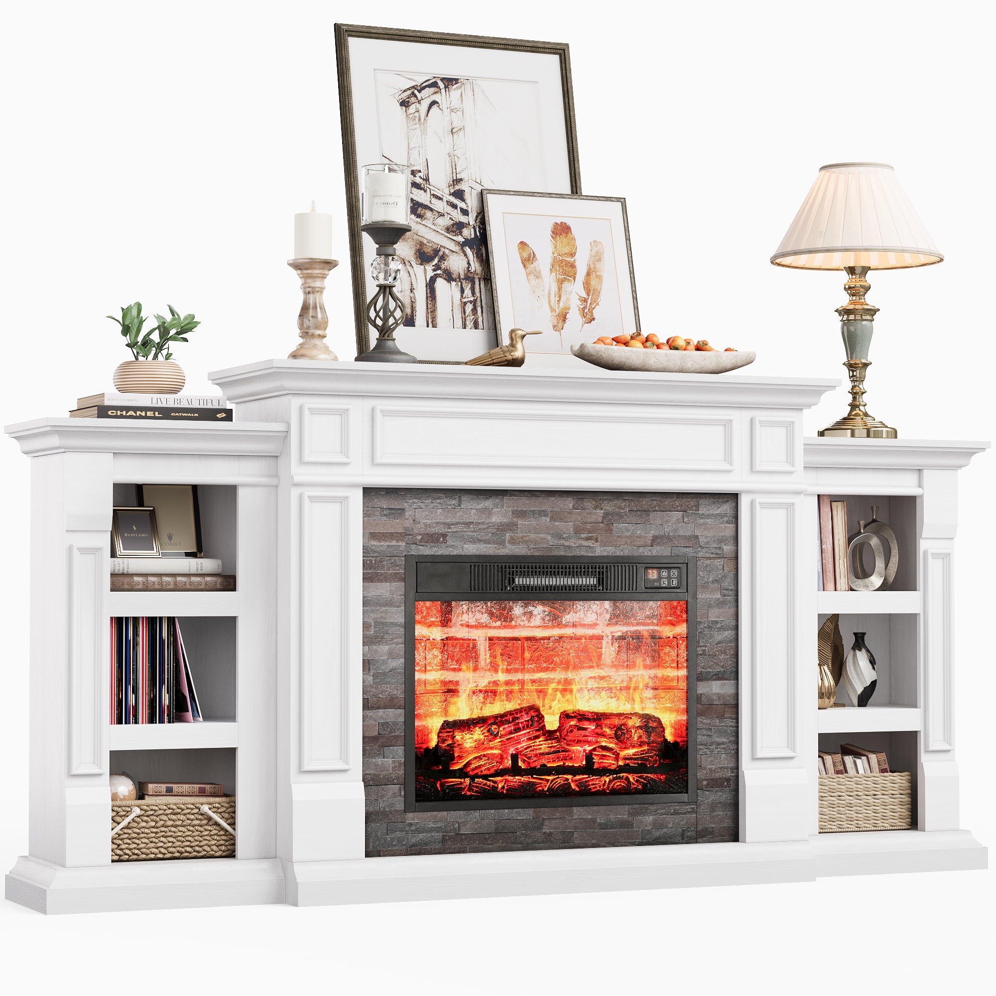 LGHM 70" Electric Fireplace TV Stand with Mantel, Farmhouse Entertainment Center for TVs up to 80", White