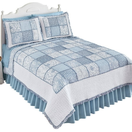 - Hillside Cottage Blue Floral Patchwork Quilt Bedding Coverlet with Ruffled Edge