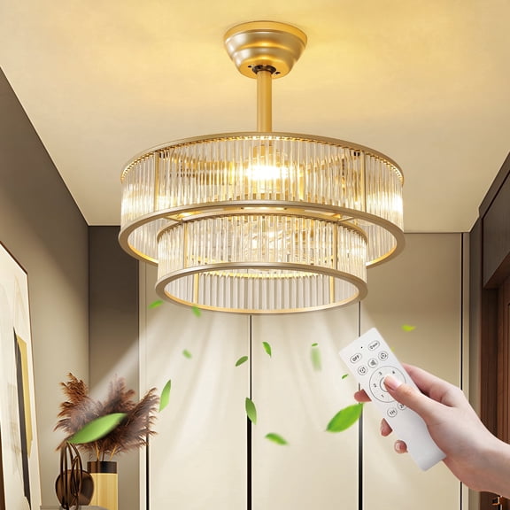 KAISITE 20" Caged Ceiling Fan with Light and Remote Control, Gold Glass Chandelier Ceiling Fan, Night Caged Mid Century with 6 Speeds for Bedroom, Living Room, Nursery