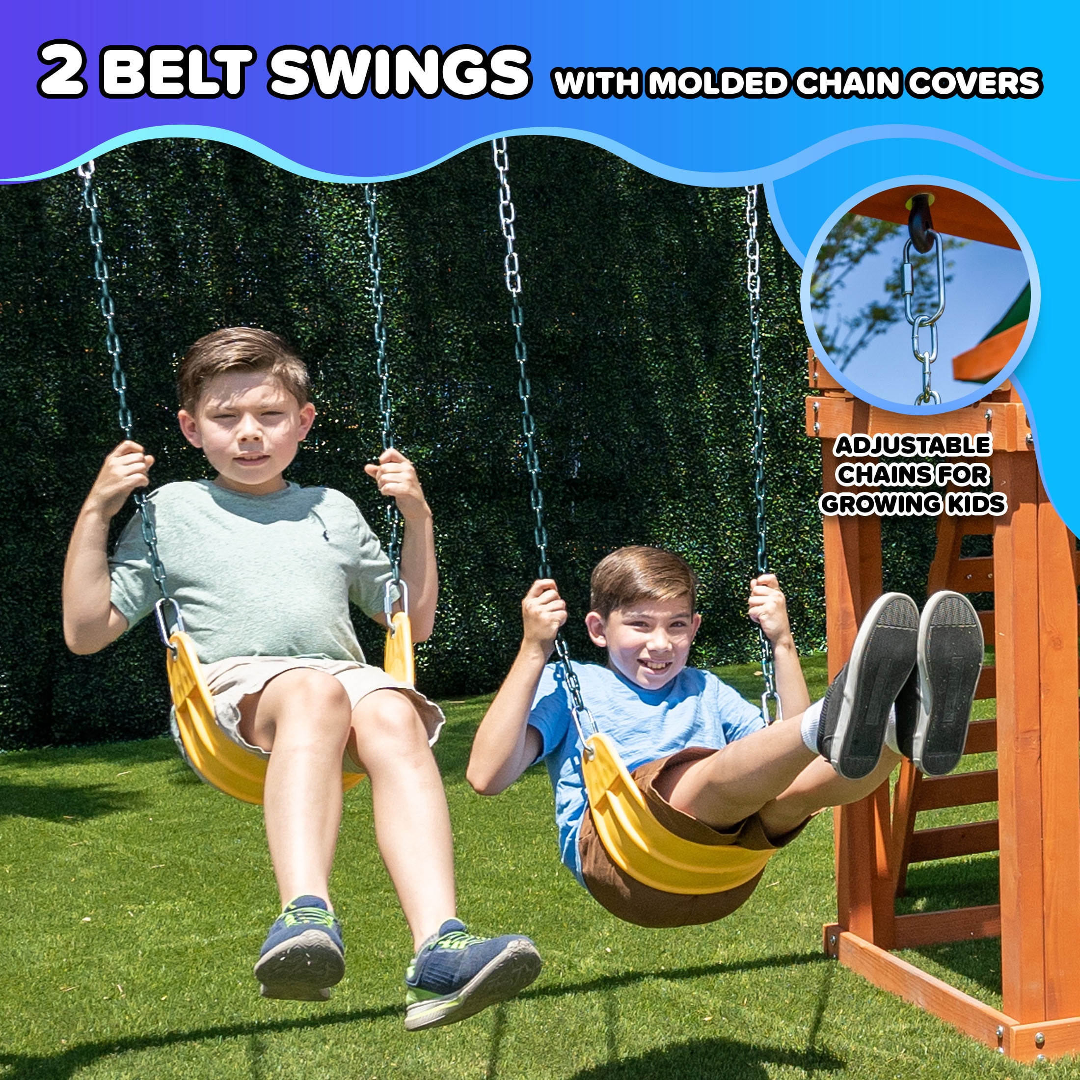 Sportspower Olympia Wooden Swing Set for Kids 3-8 with 2 Belt Swings, 2-Person Skyflyer, 8' Slide, Play fort, Sandbox & Monkey Bars
