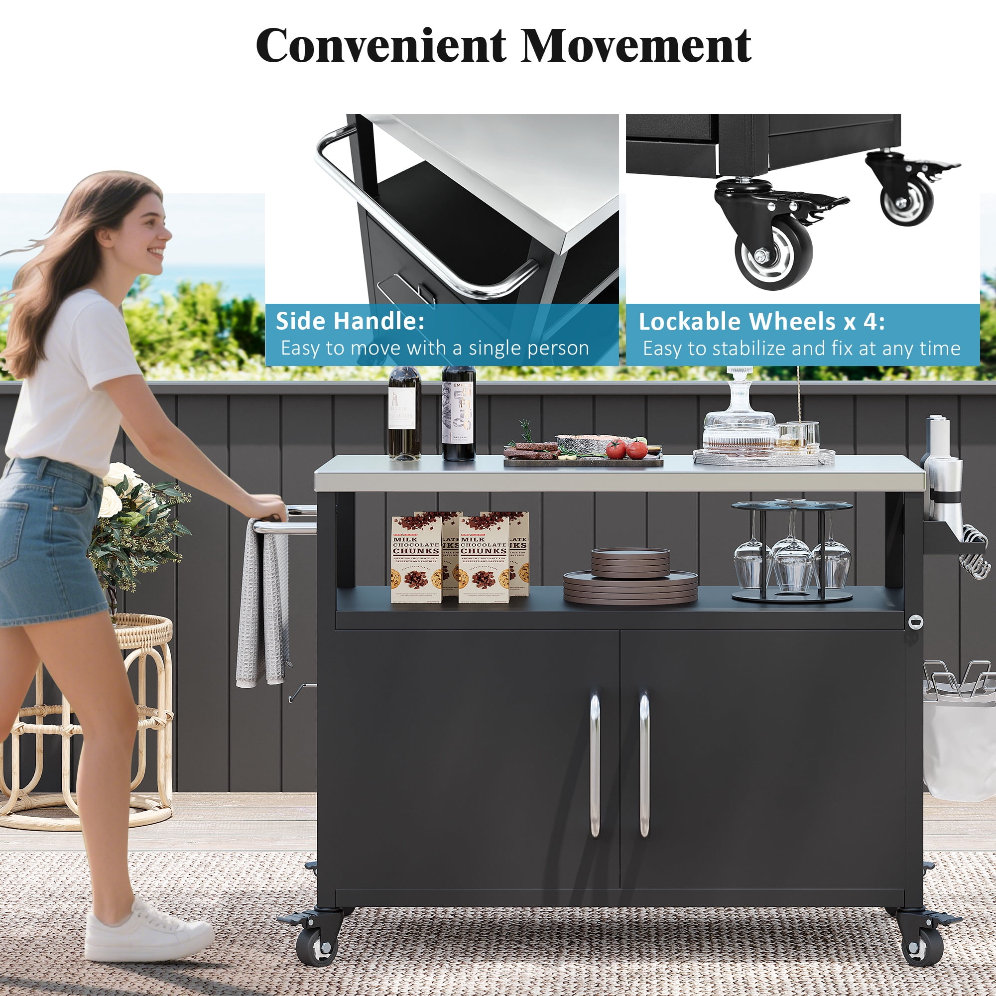 Eyisean 54.5" Outdoor Rolling Kitchen Island, Metal Prep Station with Stainless Steel Tabletop & Removable Shelf, Portable Grill Cart Table with Storage Cabinet & 4 Wheels, Spice Rack, Towel Rack