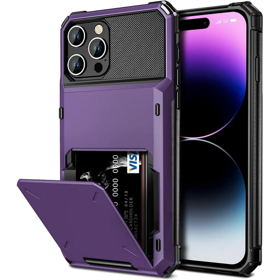 for iPhone 14 Pro Max Case Wallet Cover 4-Card Credit Card Holder ID Slot Scratch Resistant Dual Layer Hybrid Protective Hard Shell Rugged TPU Bumper Armor Case 6.7 inch Grey Purple