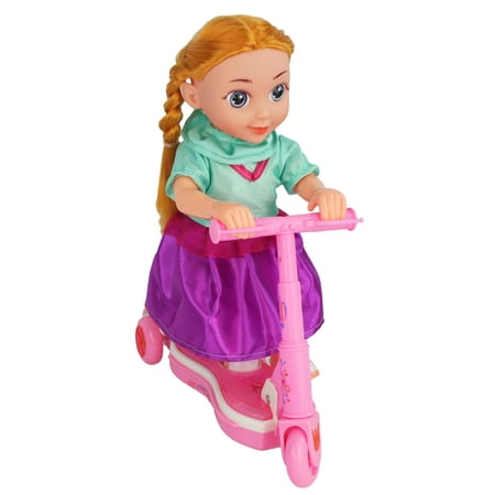 Toy Battery Operated 11" Tall Scooter Riding Girl Doll, Drives Around in a Circle, Scooter Lights Up & it Plays Music!
