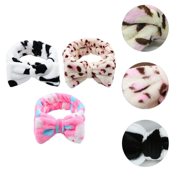 HONITANO Face Cleaning Headband 3Pack Cow Print White Elastic Bowknot for Makeup Removal 11.8In Long
