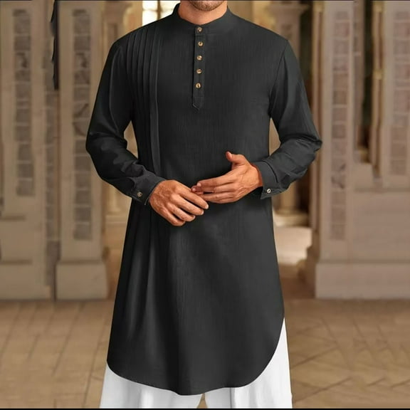 DAFPZW Mens Kaftan Thobe Cotton Linen Shirt Long Sleeve Robe Casual Muslim Gown