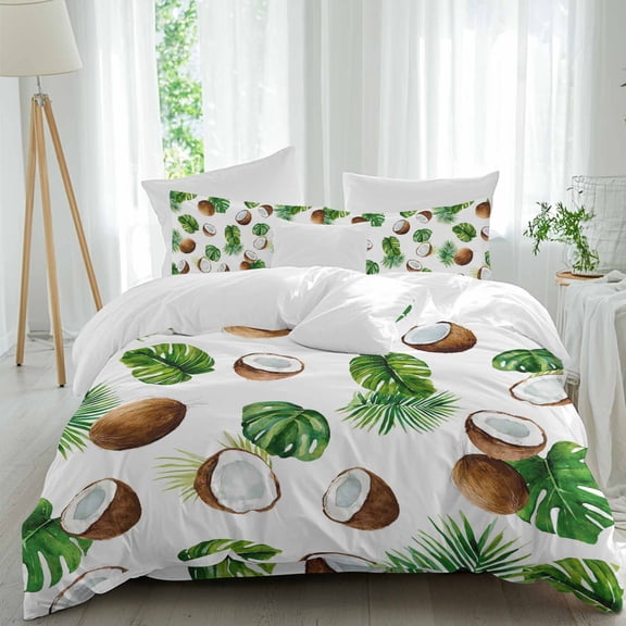 Coconut Palm Leaf Duvet Cover Set Twin Size, Tropical Summer Watercolor Green Leaves 4 Piece Bedding Set with Zipper Closure & Corner Ties Soft Breathable Comforter Cover for Bedroom