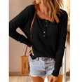 thumbnail image 3 of Blusa de punto Jersey Hombro caído Manga larga Color puro Cuello redondo Tops con botones para mujer Negro XXL, 3 of 6