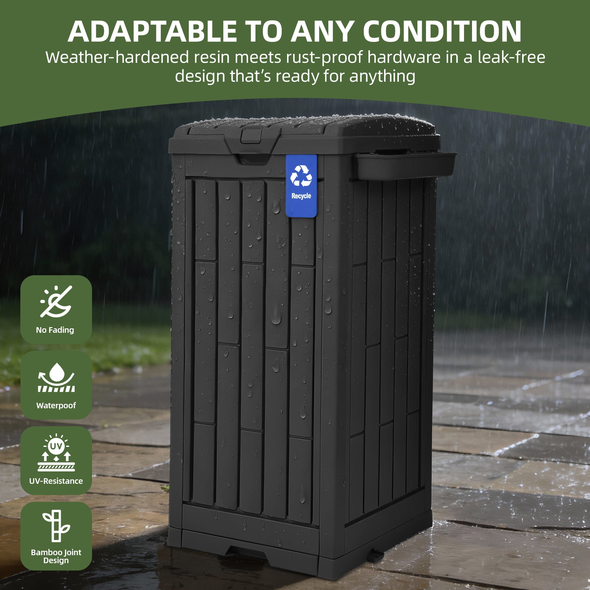 Uforic 38 Gallon Outdoor Resin Trash Can with Lid, Includes Sorting Labels, Ash Holder, Stakes and Suction Cups, Hideaway Storage for Patio Backyard Garden, Black