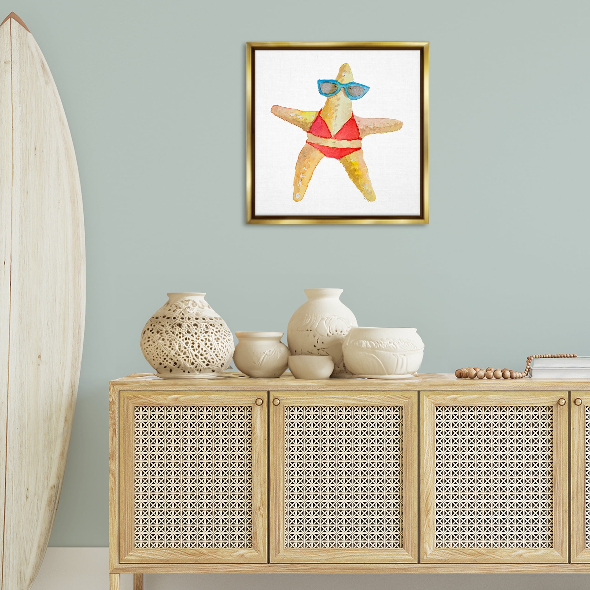 Stupell Industries Fun Swimsuit Starfish Novelty Painting Gold Floater Framed Canvas Art Print Wall Art, 25 x 25