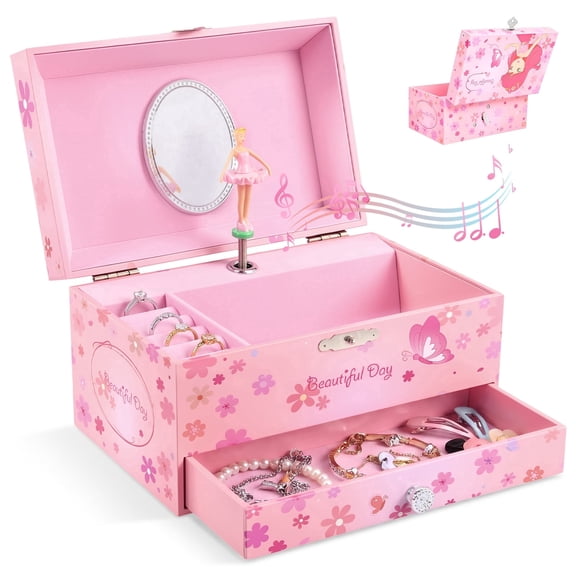 7*4.4*3.7in Musical Jewelry Box with Pull out Drawer,Music Jewelry Box with Rotating Ballerina Ballet Musical Jewellery Box Music Box Birthday Present,Pink