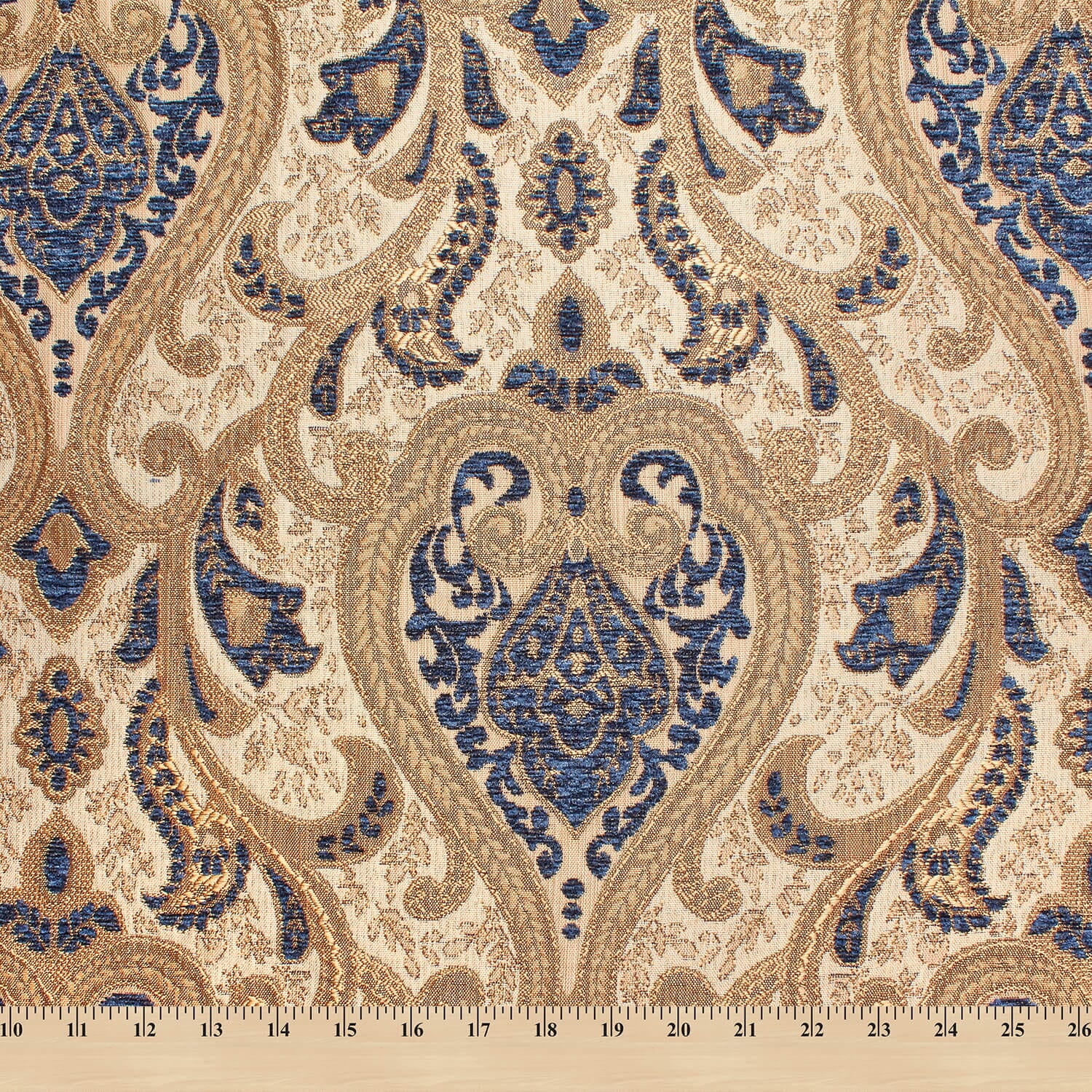 Spade Damask Chenille 58/59" Heavyweight Upholstery Jacquard Polyester Fabric By The Yard (Beige / Royal Blue, 5 Yards)