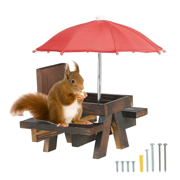 Squirrel Feeder Picnic Table with Red Umbrella 7x8x11inch, Wooden Squirrel Feeders for Outside, Dark Brown