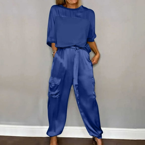 Homenesgenics 2-Piece Lounge Set Women's Spring and Summer V-Neck Loose Lapel Long Sleeved Shirt Wide Leg Pants Color Set Blue M