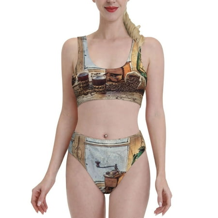 Bixox Oil Lamp Coffee Beans Pattern Two-Piece Sports Bikini with U-Shaped Top and High-Waist Bottom - Women s Swimwear with Removable Bra Pads