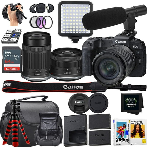 Canon EOS RP Mirrorless Camera   Canon RF-S 18-45mm f/4.5-6.3 is STM Lens   Canon RF-S 55-210mm f/5-7.1 is STM Lens   64GB SanDisk Memory Card   More (19pc Bundle) (International Version)