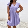 thumbnail image 5 of Fashion Beach Dresses for Womens Plus Size Summer Plus Size V-Neck Crisscross Detail Ruffle Sleeve Flared Midi Dress Casual Solid Color Dress, 5 of 5