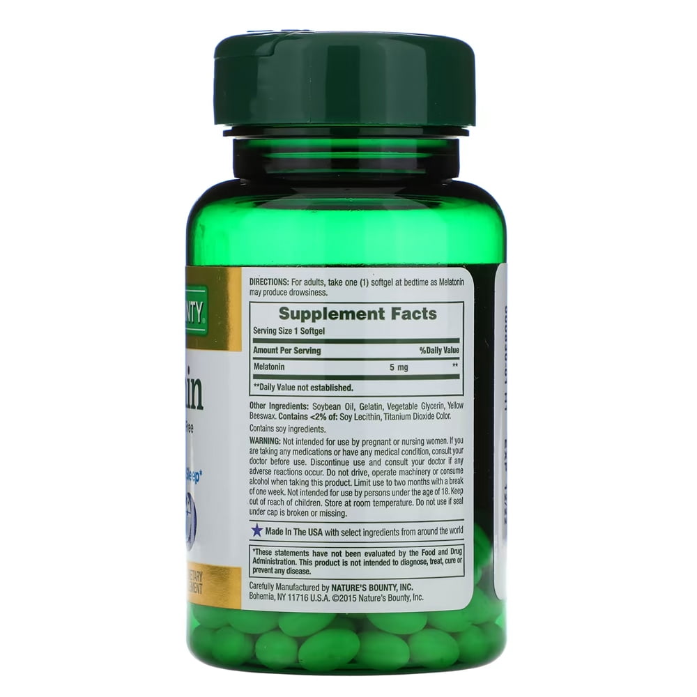 Nature's Bounty Melatonin. Dietary Supplement. Promotes Relaxation and Sleep Health. 5 mg. 90 Softgels. Pack of 3