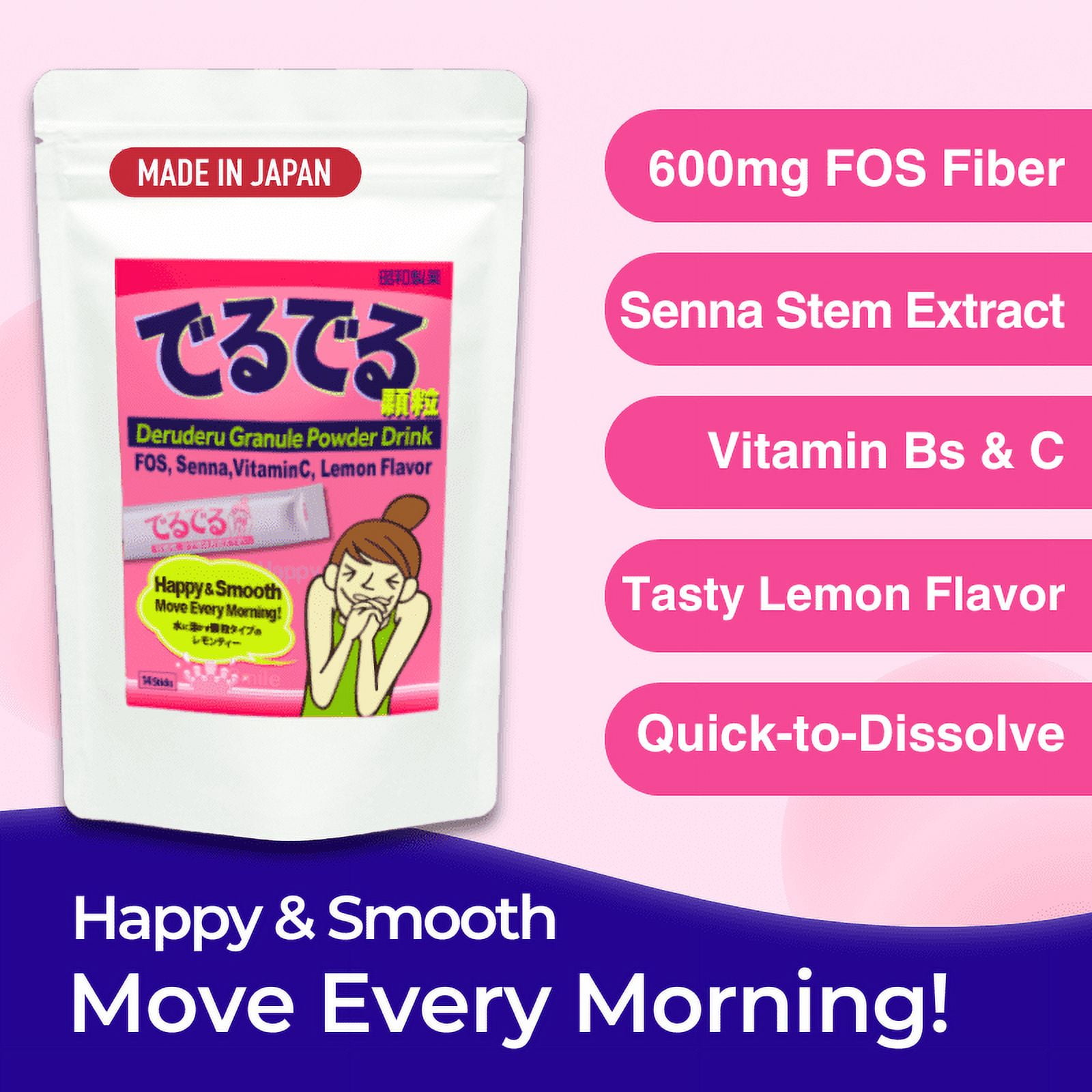 Deruderu Smooth Move Powder Drink Mix, 28 Sticks, Caffeine-Free, Sugar-Free, Gentle Herbal, Vitamins