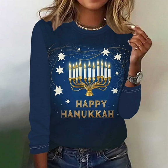 Wancir Hanukkah Sweatshirt Hanukkah Sweater Women Chanukah Sweaters Menorah Pullover Casual Long Sleeve Tee Tops