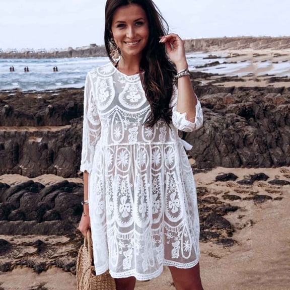 Women's New Lace Hollow Embroidered Backless Beach Skirt Casual Bikini Smock Bikini Body Cover up T Shirt Maternity Cover up Swim Cover up for Girls Cover up Long Cover Ups for Women Button down