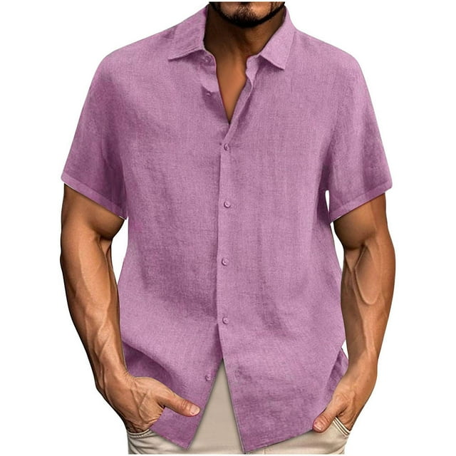 cfhntfmh Mens Button down Shirts Solid Summer Beach Vacation Tops Cotton Linen Short Sleeve Shirts