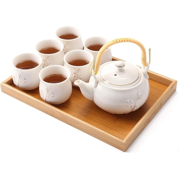 Japanese Tea Set, White Porcelain Tea Set with 1 Teapot Set, 6 Tea Cups, 1 Tea Tray, 1 Stainless Infuser, Cute Asian Tea Sets for Adults/Tea Lover/Women/Men (Plum in Golden)