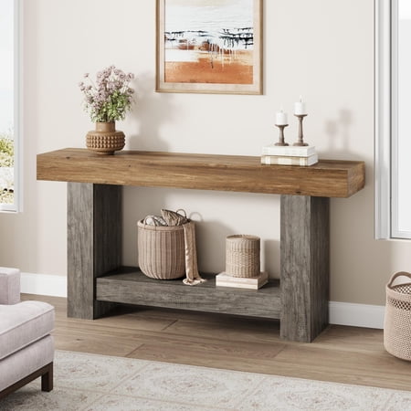 MAROUTE Farmhouse Console Table, 2-Tier Wooden Shelf, Rustic, for Living Room Hallway Entryway, 63" Gray Oak