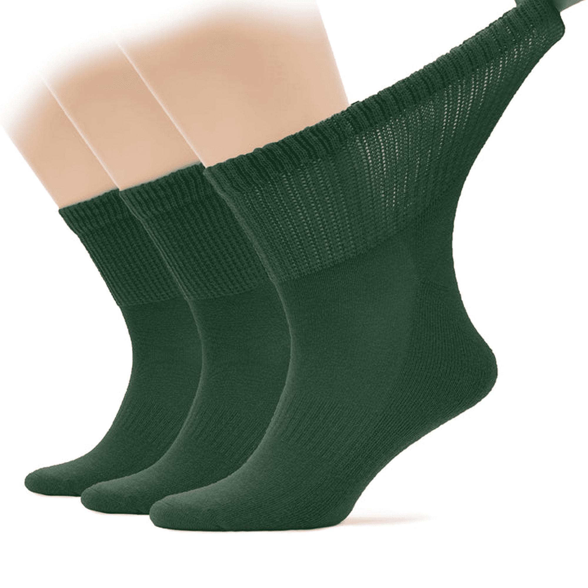 Hugh Ugoli Men's Cotton Diabetic Ankle Socks, Wide & Loose and Stretchy, Seamless Toe, Non Binding Top, Semi Cushion, 3 Pairs, Army Green, Shoe Size: 11-13