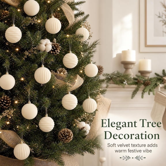 Christmas Ball Ornaments Set of 12, Flocked Velvet Christmas Tree Ornaments, Christmas Hanging Ornaments for Christmas Decorations Indoor, Beige, 8cm