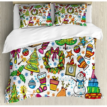 Themed Bedding Sets Christmas Duvet Cover Set, Cute Xmas Elements with Candies Snowman Fir Sweets Celebration Kids Nursery Theme, Decorative Bedding Set with Pillow Shams, Multicolor, by Ambesonne ()